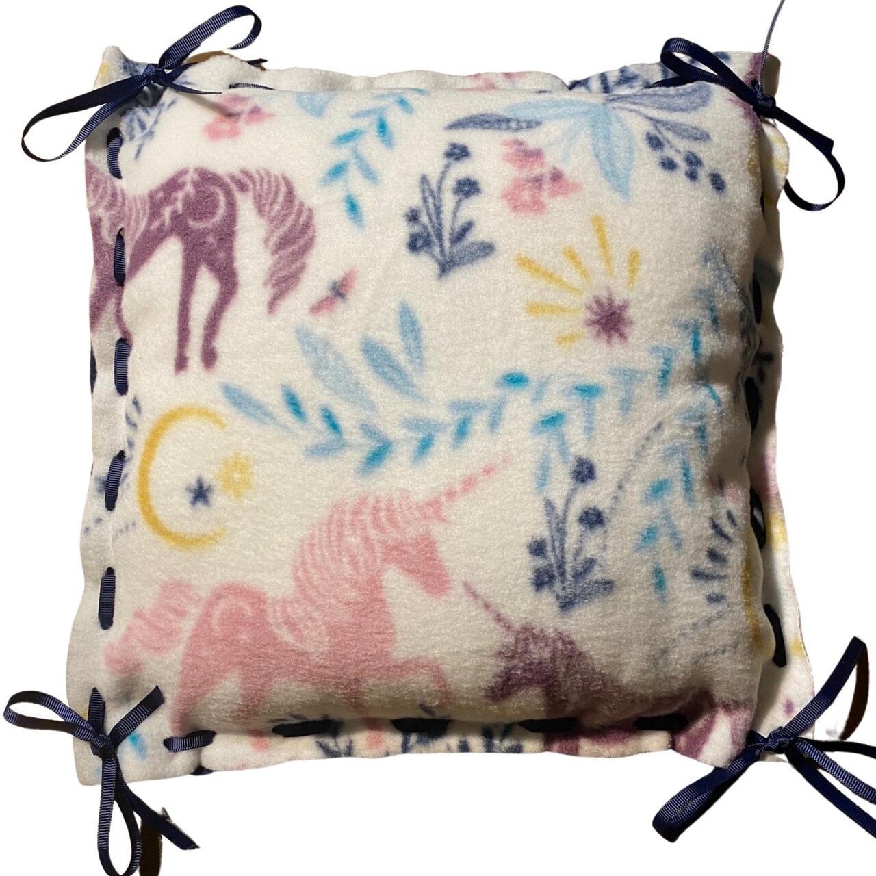 Make Your Own Fleece Pillow Kit for Elderly, Low Vision, Blind, Dementia and Child Friendly, Grosgrain Ribbon, Needle & Insert Included, Pink & Purple Unicorn